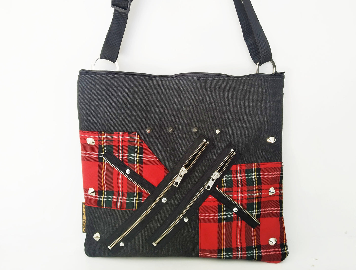 Pk'87 Shoulder Bag, Strong Black Denim, Exclusive design, handmade, red royal tartan, punk bag, Gothic, emo, harajuku, kawaii, Visual Kei,