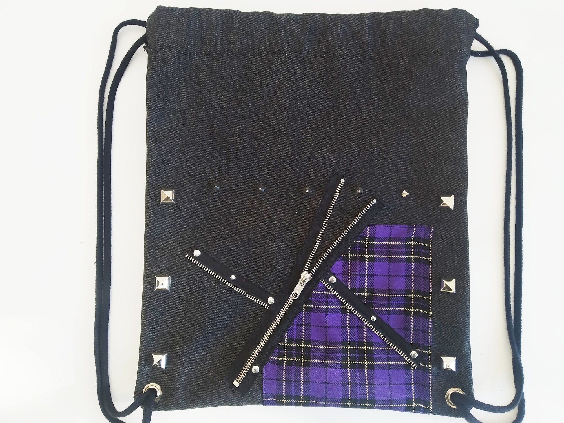 Punk'97 Backpack, Handmade, Strong Denim, Exclusive design,comfortable & light, punk bag, harajuku, Gothic, emo, manga, kawaii,purple tartan