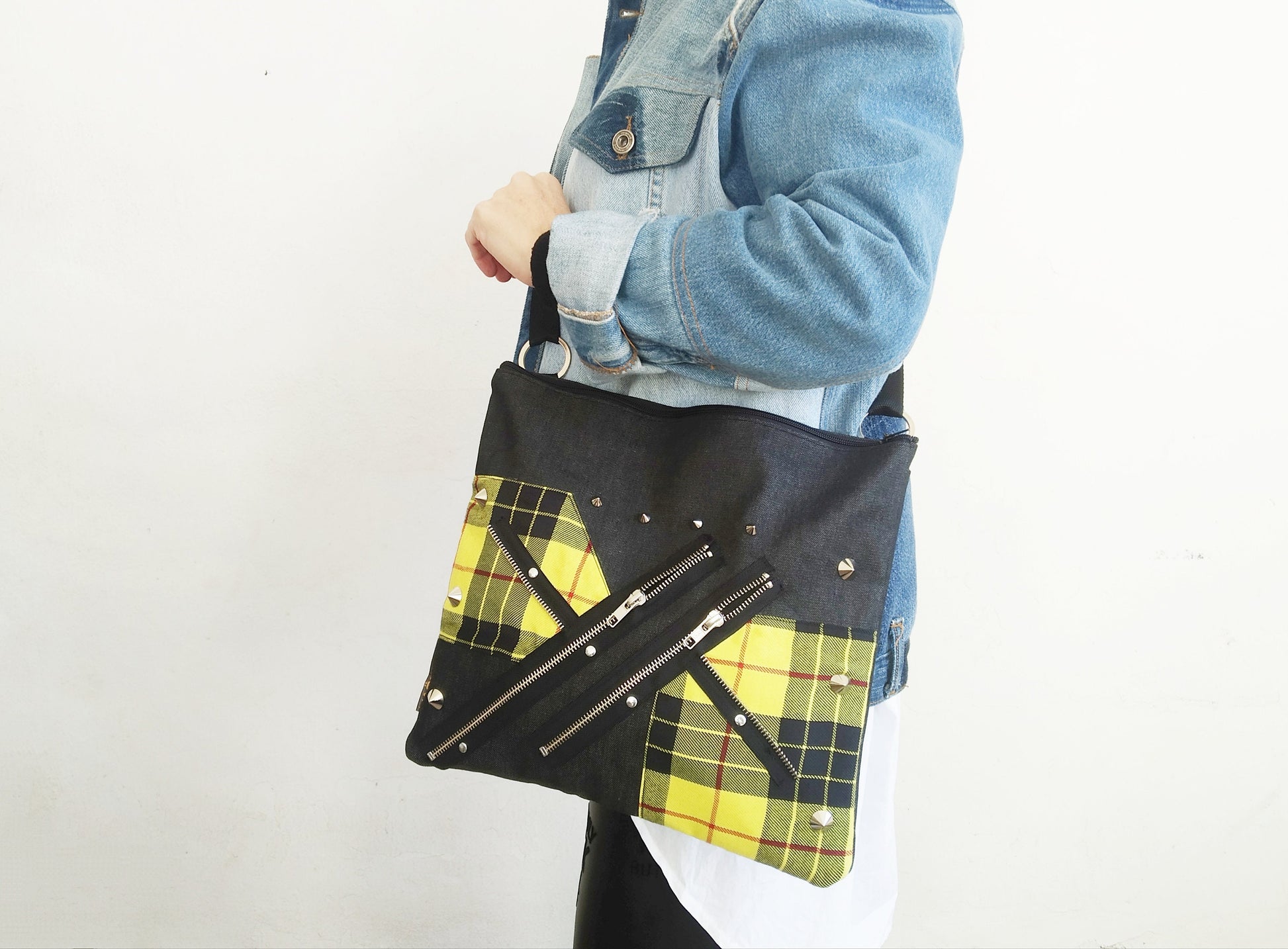 Pk'77 Shoulder Bag, Strong Black Denim, Exclusive design, handmade, yellow tartan, punk bag, Gothic, emo, harajuku, kawaii, Visual Kei,manga