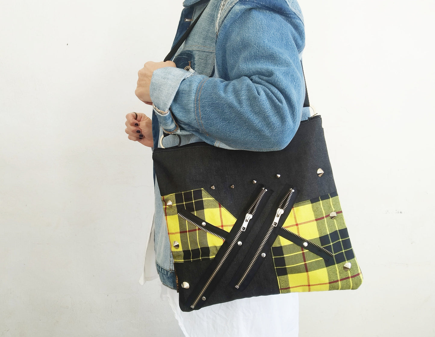 Pk'77 Shoulder Bag, Strong Black Denim, Exclusive design, handmade, yellow tartan, punk bag, Gothic, emo, harajuku, kawaii, Visual Kei,manga