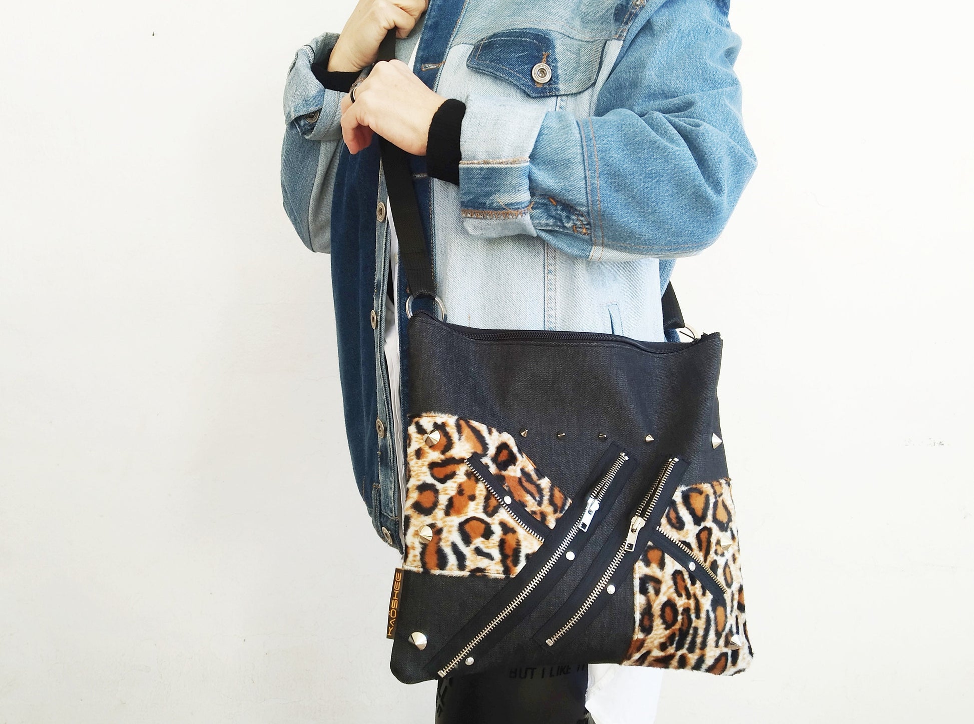 Pk'67 Shoulder Bag, Strong Black Denim, Exclusive design, handmade, synthetic leopard , punk bag, Gothic, emo, harajuku, kawaii, Visual Kei,