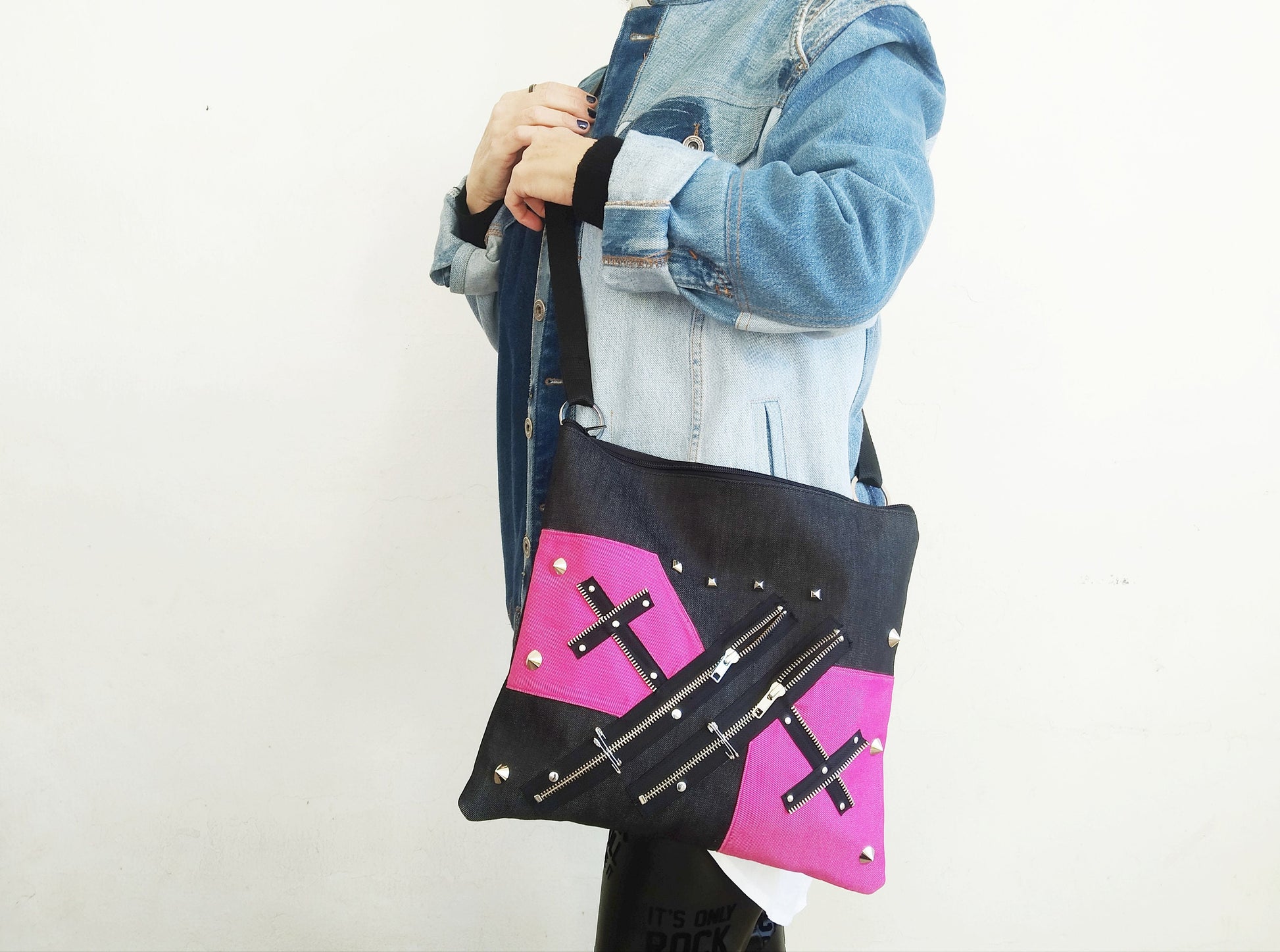 Pk'27 Shoulder Bag, Strong Black & Pink Denim, Exclusive design, handmade, punk bag, Gothic, emo, harajuku, kawaii, Visual Kei, strawberry