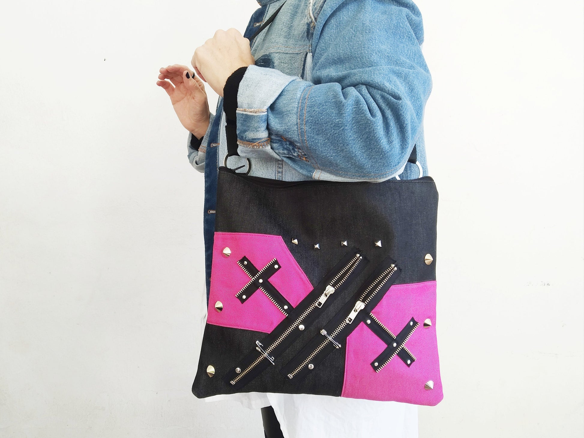 Pk'27 Shoulder Bag, Strong Black & Pink Denim, Exclusive design, handmade, punk bag, Gothic, emo, harajuku, kawaii, Visual Kei, strawberry