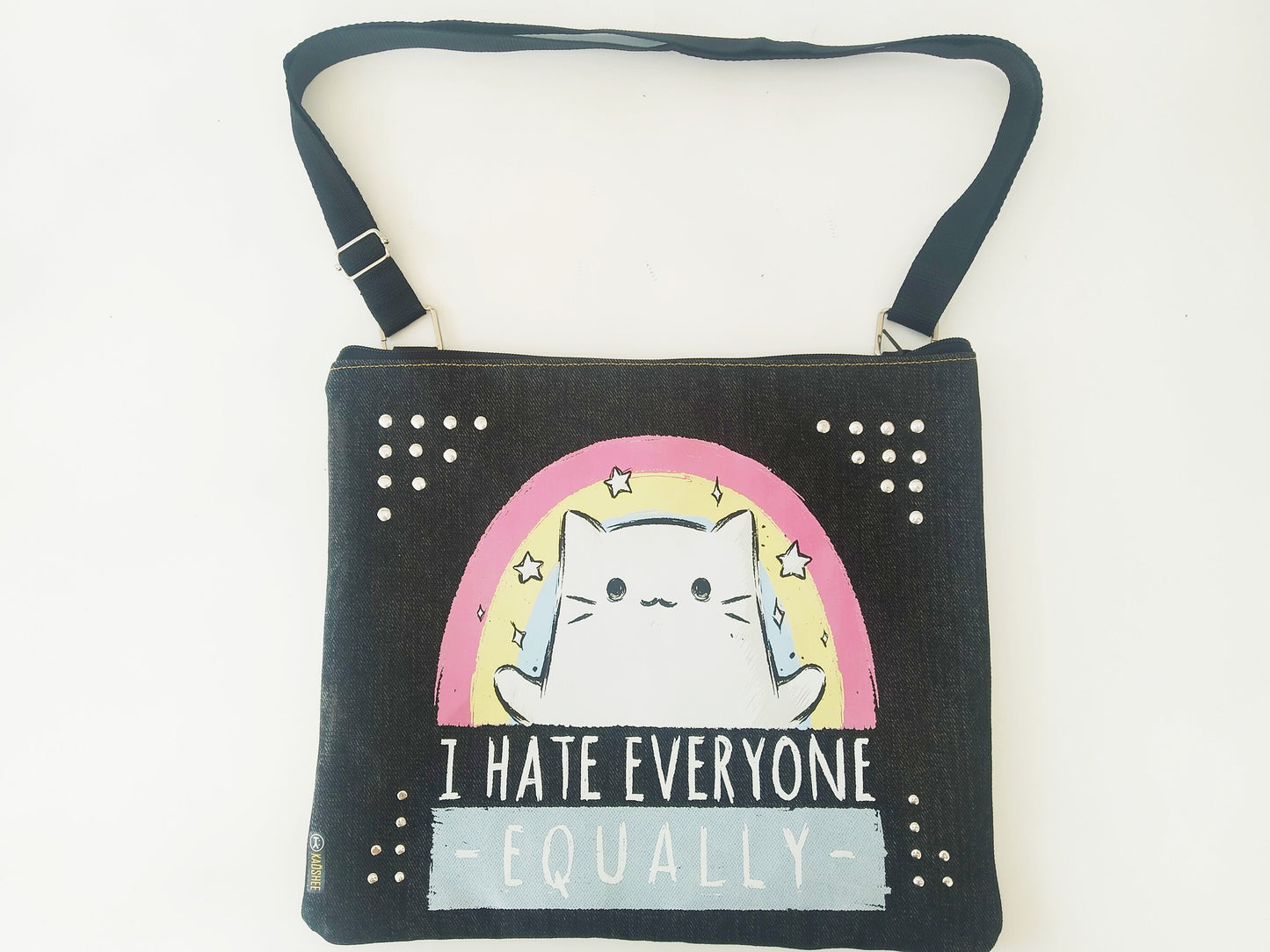 Kw02 shoulder bag, japanese cat, Handmade, Strong black denim, Exclusive, anime, kawaii bag, beach bag, manga, otaku, punk, emo, harajuku