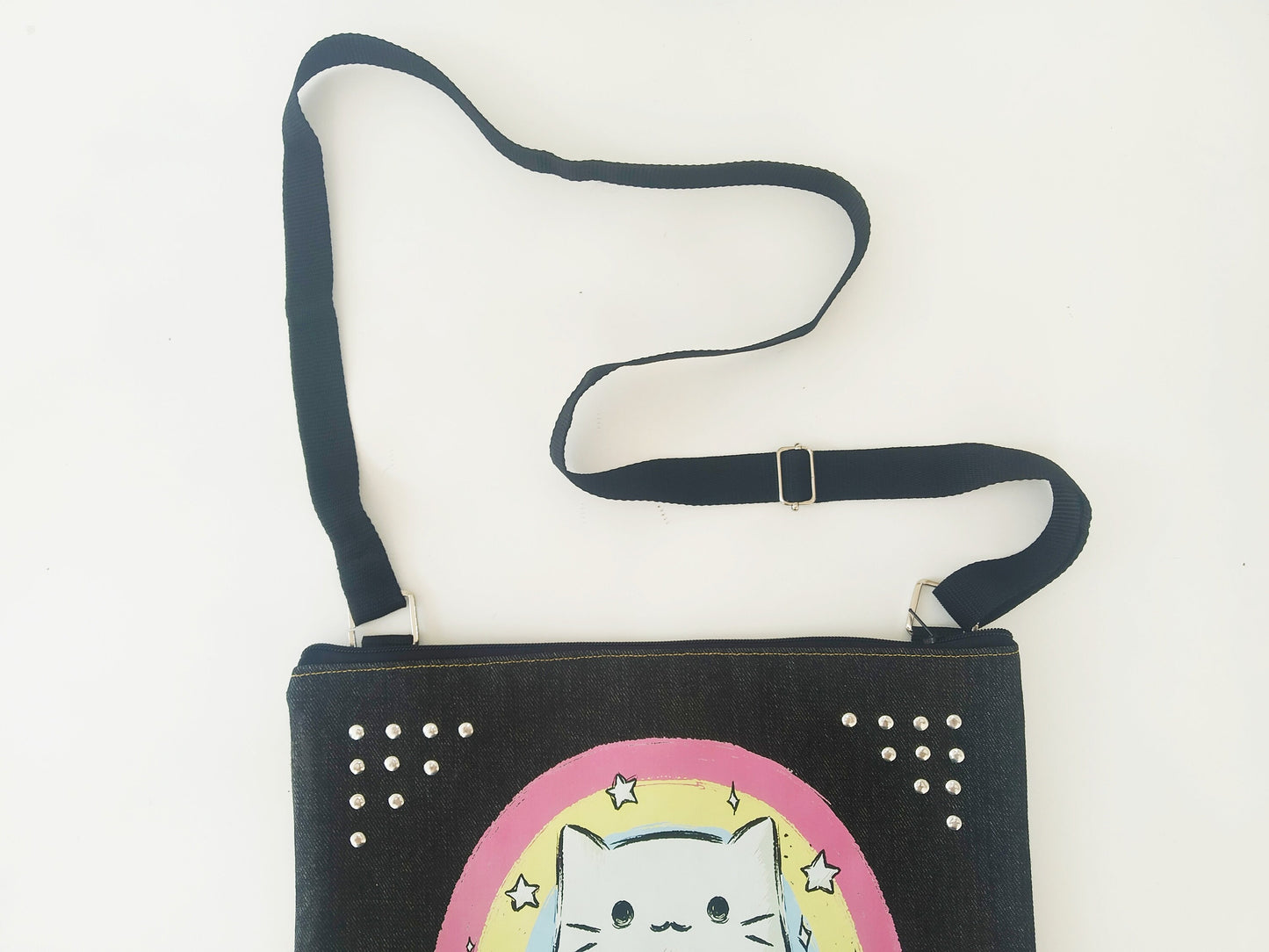 Kw02 shoulder bag, japanese cat, Handmade, Strong black denim, Exclusive, anime, kawaii bag, beach bag, manga, otaku, punk, emo, harajuku