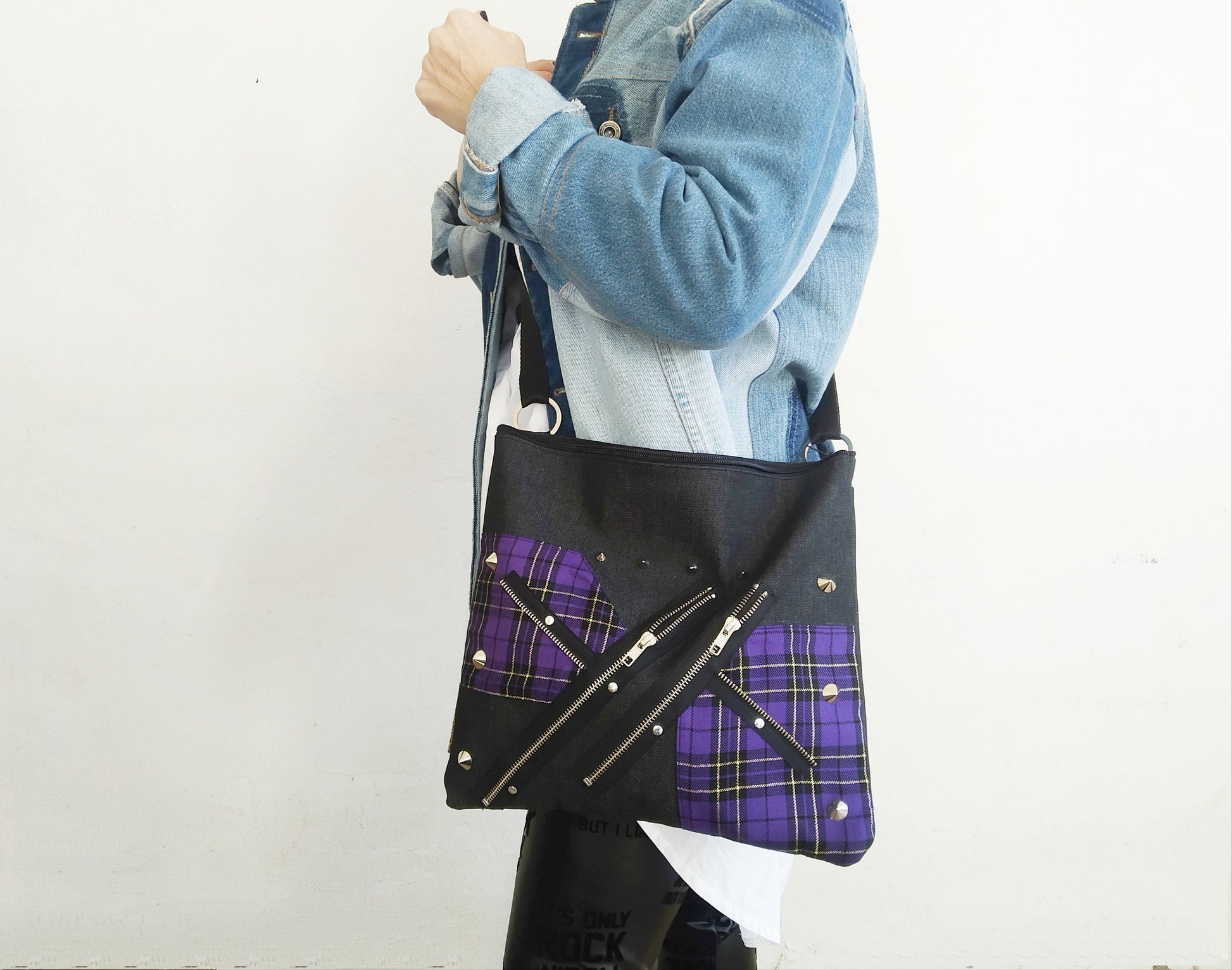 Pk'97 Shoulder Bag, Strong Black Denim, Exclusive design, handmade, purple gold tartan, punk bag, Gothic, emo, harajuku, kawaii, Visual Kei,