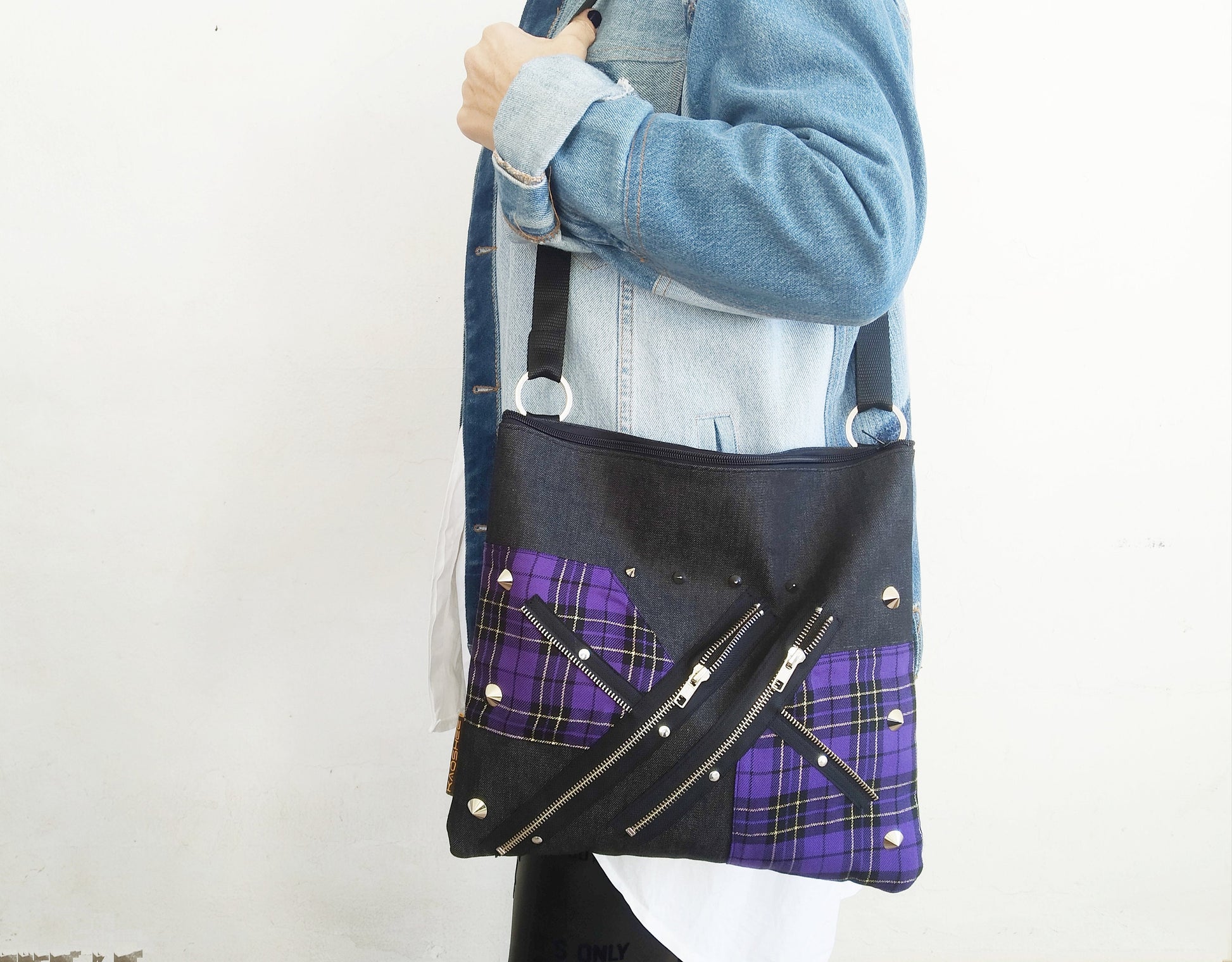 Pk'97 Shoulder Bag, Strong Black Denim, Exclusive design, handmade, purple gold tartan, punk bag, Gothic, emo, harajuku, kawaii, Visual Kei,