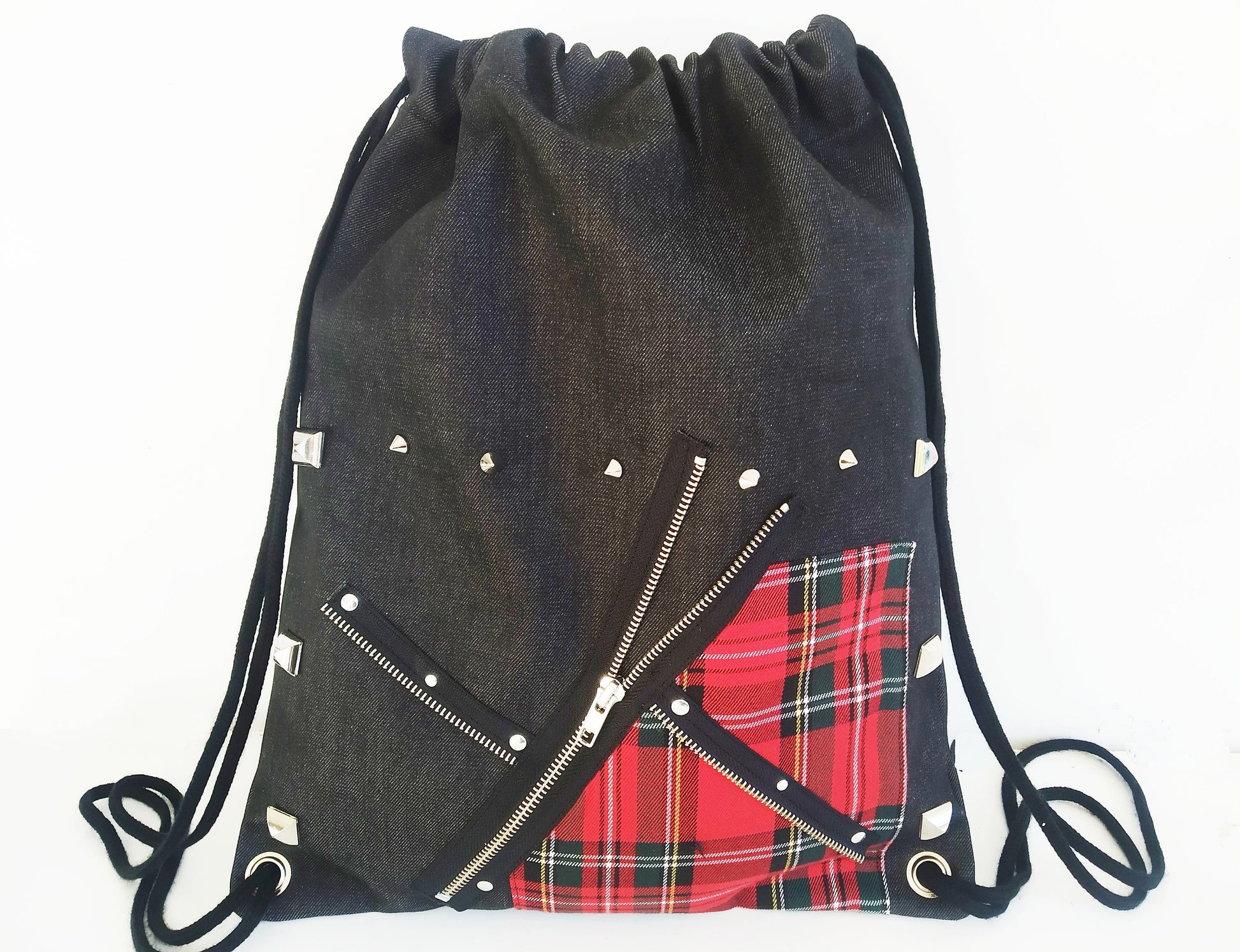 Mochila Punk'87, tela vaquera y tartan rojo, exclusivo, hecho a mano, cómodo y ligero, mochila gótica, bolso punk, emo, grunge, visual kei