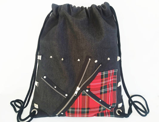 Mochila Punk'87, tela vaquera y tartan rojo, exclusivo, hecho a mano, cómodo y ligero, mochila gótica, bolso punk, emo, grunge, visual kei