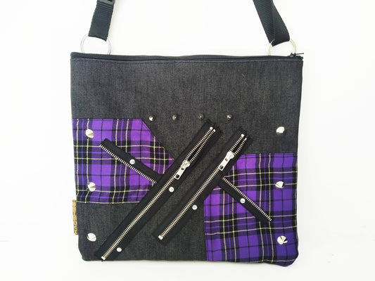 Pk'97 Shoulder Bag, Strong Black Denim, Exclusive design, handmade, purple gold tartan, punk bag, Gothic, emo, harajuku, kawaii, Visual Kei,